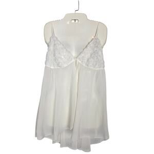 L.A. Intimates White Lace Babydoll Chemise Large L Sheer Floral Embroidery EUC